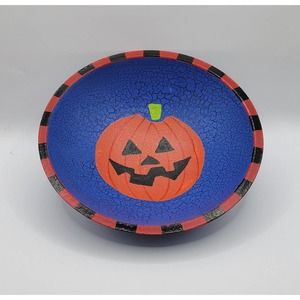 Halloween Wood Hand Painted Jack o Lantern Pumpkin Treat Candy 8" Bowl